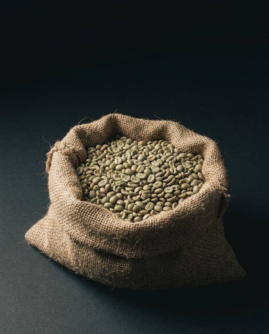An open jute sack filled with green coffee beans