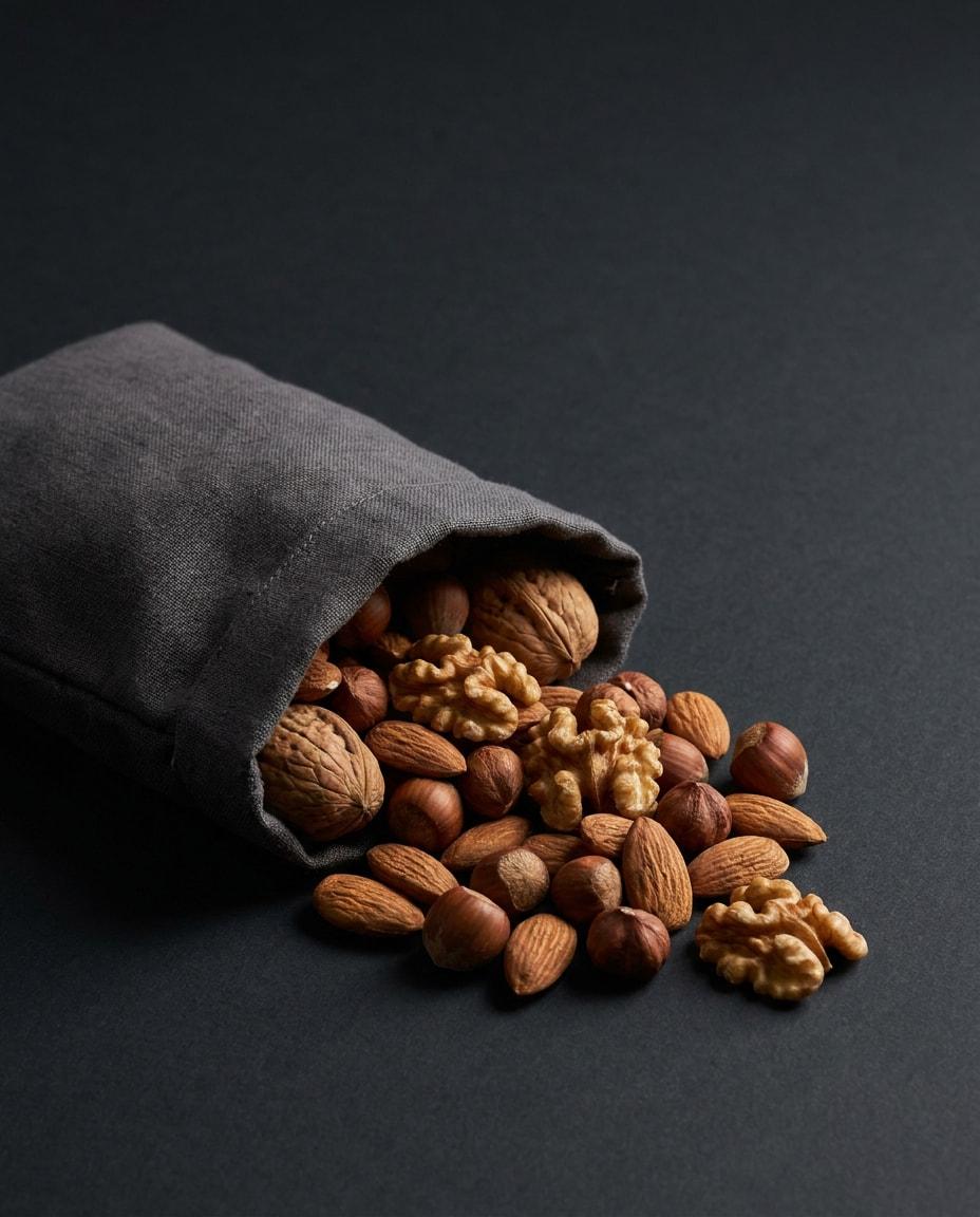 A cloth sack spilling walnuts, almonds and hazelnuts